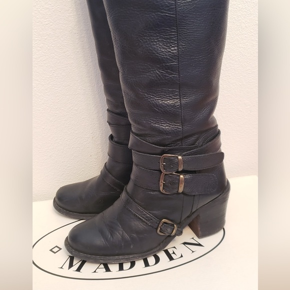 Steve Madden Bruce Black Leather Knee High Boots 9 Buckle and Strapping Detail - Picture 3 of 10